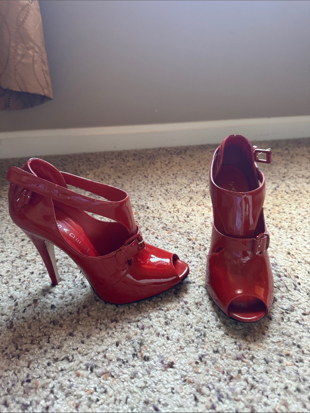 Casadei Glossy Red Patent Peep-Toe Stiletto Heels with Straps